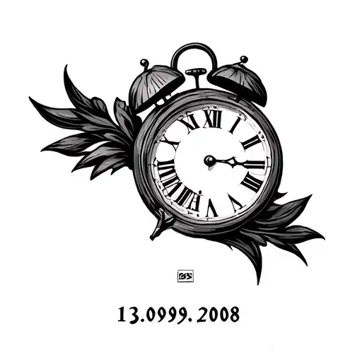 Tattoo on shoulder, simple clock with roman numerals displaying 18:37 and the date 13:09:2008 in roman numerals in front tattoo design idea