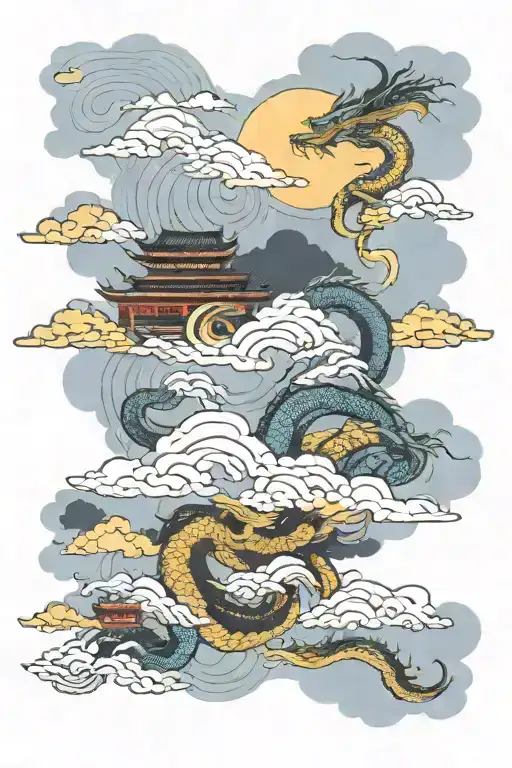 Daoism, Buddhism, Japanese style clouds, Chinese painting style scenery , vibrant colors, dragons coiling, tattoo design idea