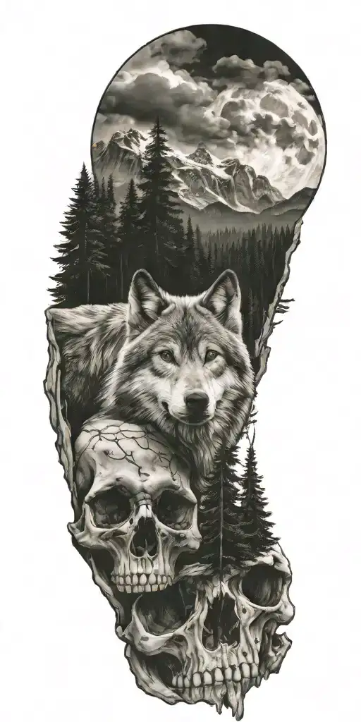 wolf and forest and mountains and skull tattoo design idea