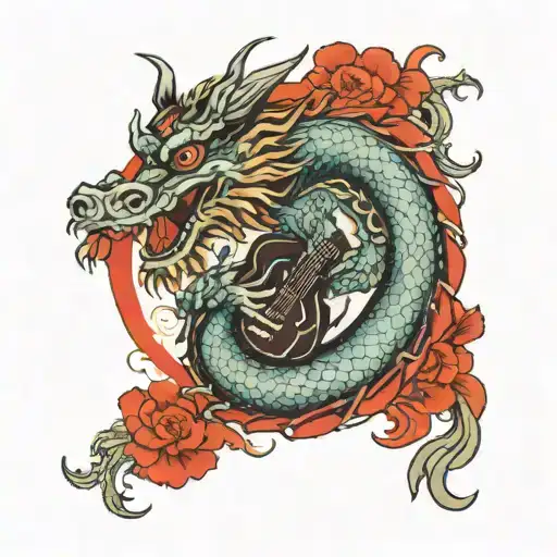 A tattoo of a traditional Chinese dragon playing a guitar, symbolizing your love for both Chinese culture and music tattoo design idea