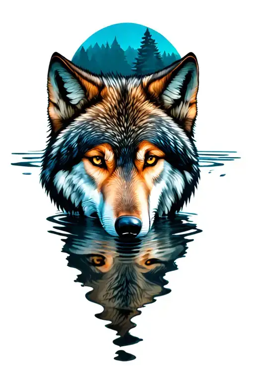 Wolf reflected in water tattoo design idea