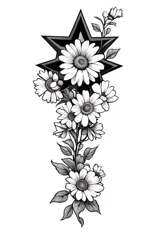 5 point star with daisies and sweet peas vine wrapped tattoo design idea