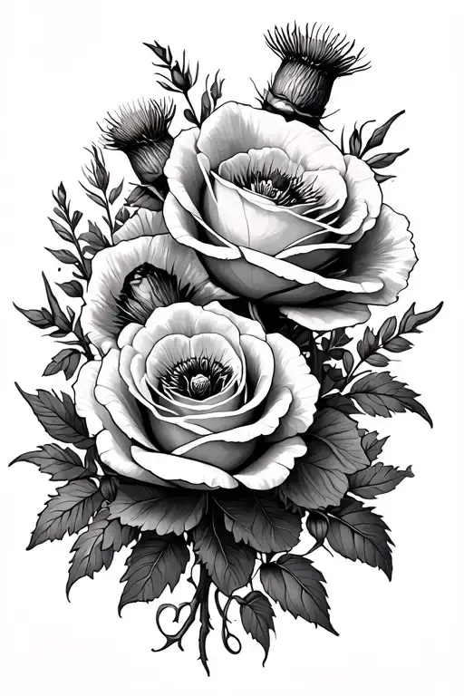 roses, poppies and scottish thistle tattoo design idea