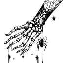 hand skeleton w spider web and spider hanging from it with big stars and posion tree on forearm tattoo design idea
