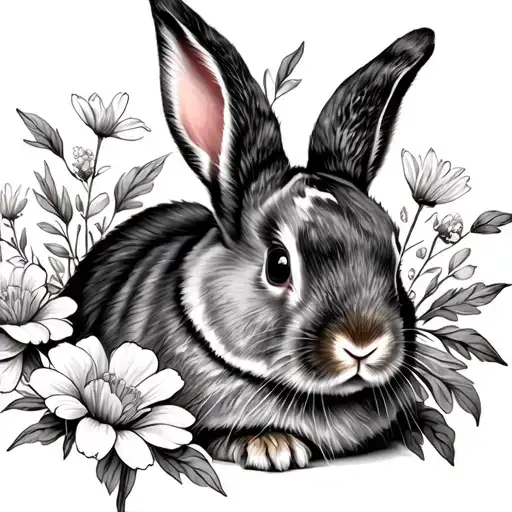 Holland lop rabbit with flowers surrounding it tattoo design idea