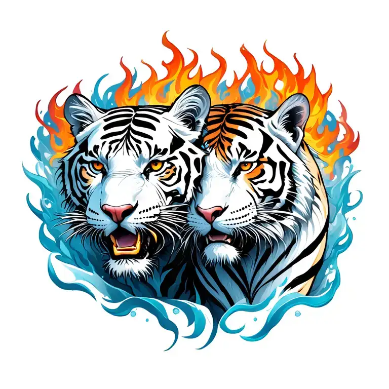 bengal tiger in flames and white tiger in ice tattoo design idea