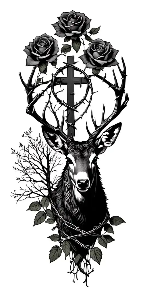 roses barbed wire wrapped with cross and deer head with trees tattoo design idea