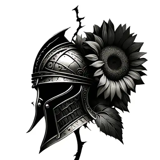 Gladiator helmet transmitting firmness and resilience. Inside a sunflower born between cracks. tattoo design idea