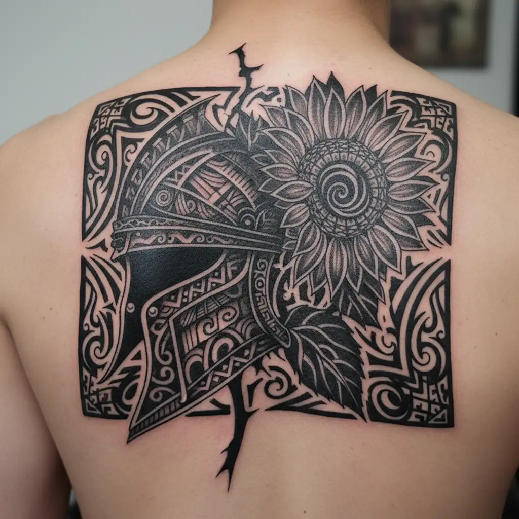 Gladiator helmet transmitting firmness and resilience. Inside a sunflower born between cracks. tattoo design idea