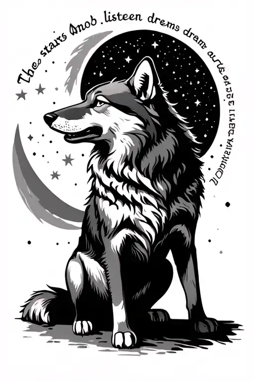 Wolf sitting howling at the moon and stars with the text "To the stars who listen. And the dreams that are answered" und tattoo design idea