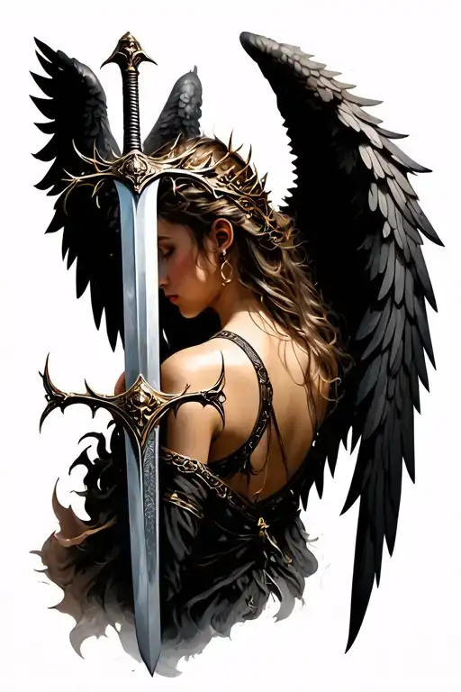 thorn crown with sword percing trough it on the backside and angel wings on back with the sword also going trough them tattoo design idea