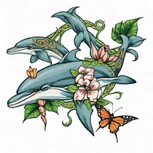 dolphins + celtic + cherry blossom with butterfly tattoo design idea