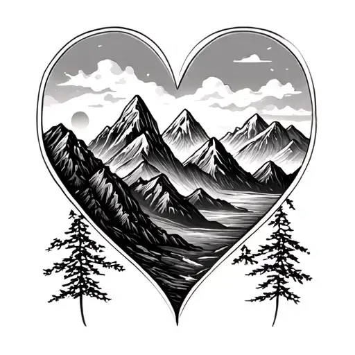 cursive b, mountains and heart tattoo design idea