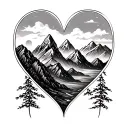 cursive b, mountains and heart tattoo design idea