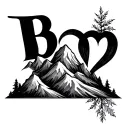 cursive b, mountains and heart tattoo design idea