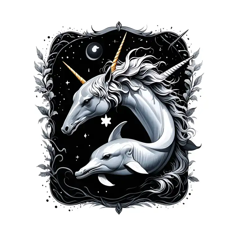 dolphin and unicorn surrounded tattoo design idea