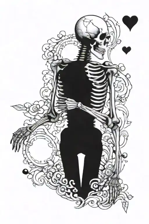 full body of skeleton facing away and holding a heart, full body, full body, full body tattoo design idea