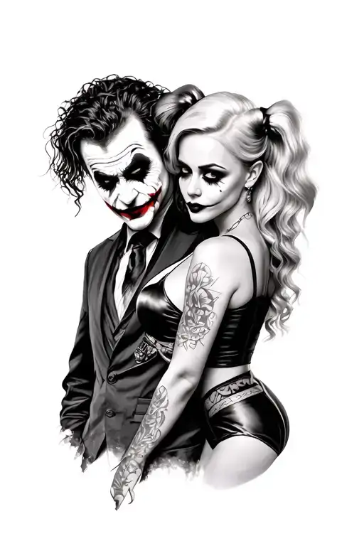 Joker (Heath Ledger) and Harley Quinn (Margot Robbie) together as a sleeve project, black and white with their well-known Mimi tattoo design idea