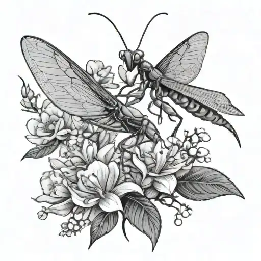 praying mantis wings spread with flowers tattoo design idea