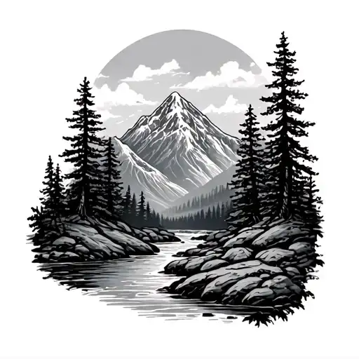 mountain stream with trees tattoo design idea