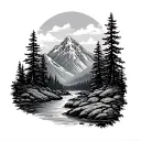 mountain stream with trees tattoo design idea