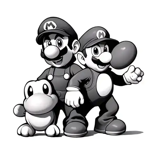 Character Mario, Luigi, Toad, Yoshi and Stitch exploring tattoo design idea