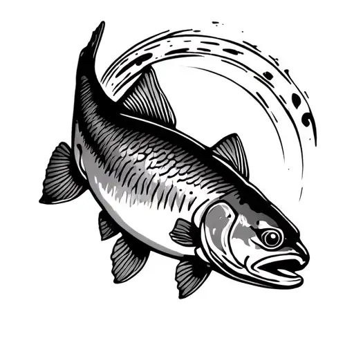 A black-and-white vintage Western-style ink rainbow trout from the side tattoo design idea