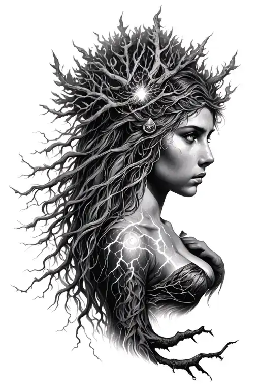 Freya Goddess And Lightning Storm tree of life  tattoo design idea
