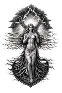 Freya Goddess And Lightning Storm tree of life  tattoo design idea