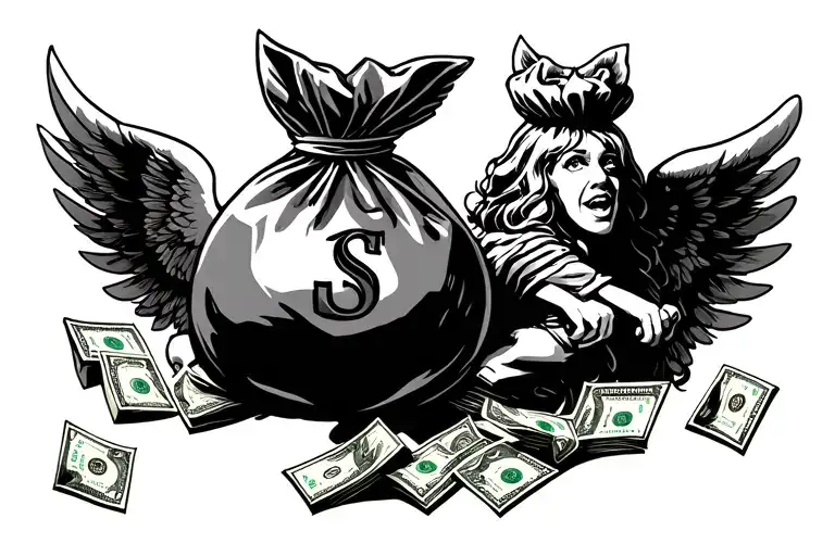 "Real Money Getter" "moneybag with wings chasing a person" concept tattoo design idea