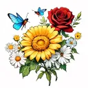 a Calendula, a sparkling chrysanthemum, a morning glory, a red rose, a white daisy, and a sweet pea flower, 2 fireflys tattoo design idea