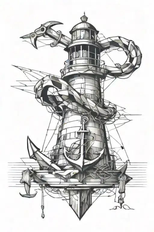 anchor hanging from bottom of lighthouse tattoo design idea