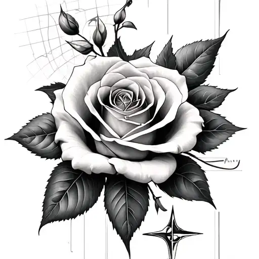 A realistic black & gray tattoo featuring a detailed Rose of Sharon, a delicate hand, a compass, and a flowing EKG line. tattoo design idea