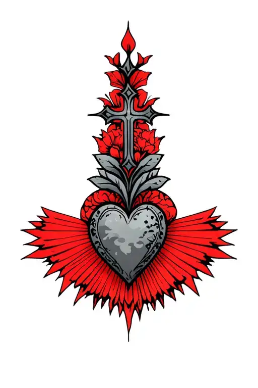 heart shape, clouds, rays, floral patterns, Norse cross tattoo design idea