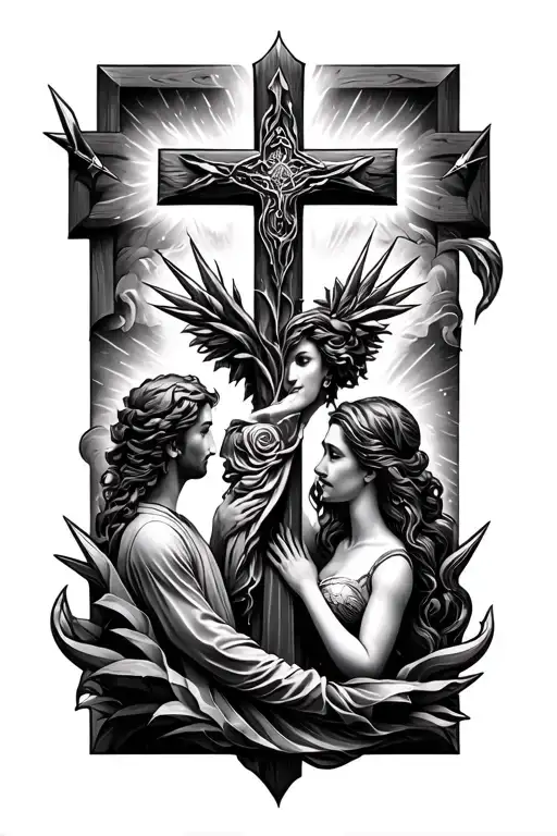 cross, railrod spikes, salvation, redemption, marriage, husband and wife  tattoo design idea