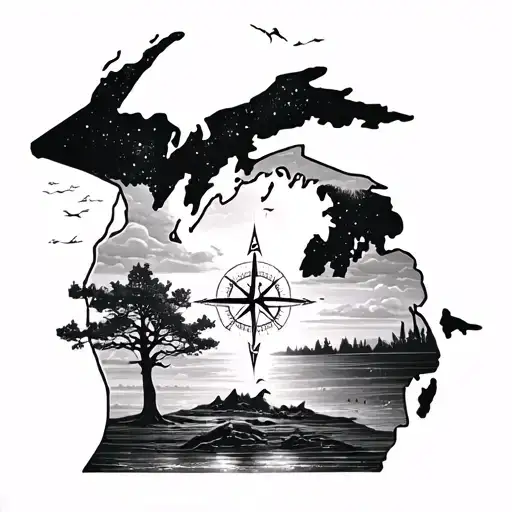 shape of Michigan, compass family tree tattoo design idea