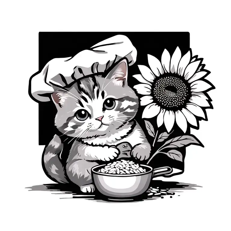 a cute cat wearing chef hat holding sunflower and cooking rice tattoo design idea