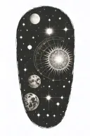 A celestial sleeve tattoo incorporating elements of the universe and ancient Sumerian motifs tattoo design idea