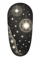 A celestial sleeve tattoo incorporating elements of the universe and ancient Sumerian motifs tattoo design idea