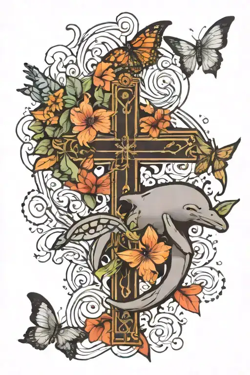 cross butterfly dolphin manatee tattoo design idea