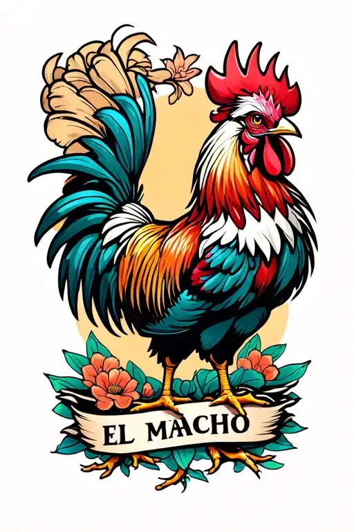 sexy rooster crowing in the air with two legs with "El Macho" written below tattoo design idea