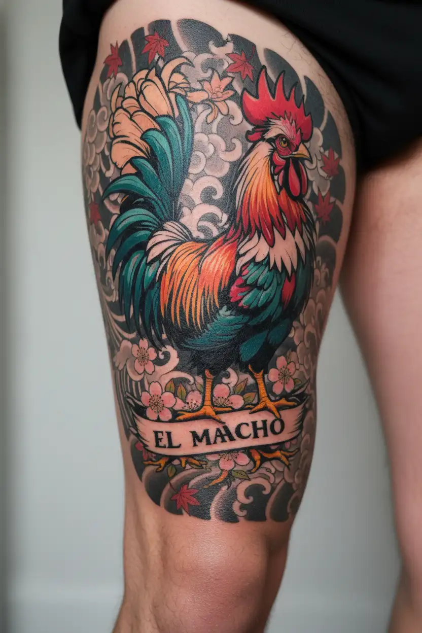 sexy rooster crowing in the air with two legs with "El Macho" written below tattoo design idea