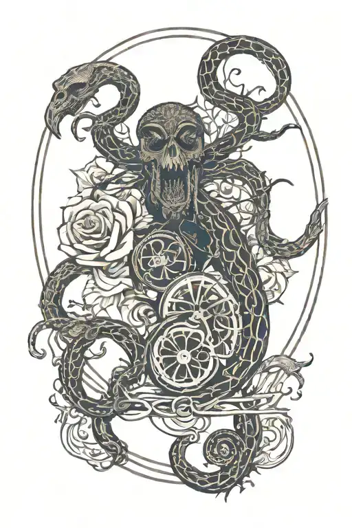 tree snake  black eagle waterfalls eyeball wheelchair sun, moon ,whale,dragonemersing,grimreaper skull roses  tattoo design idea