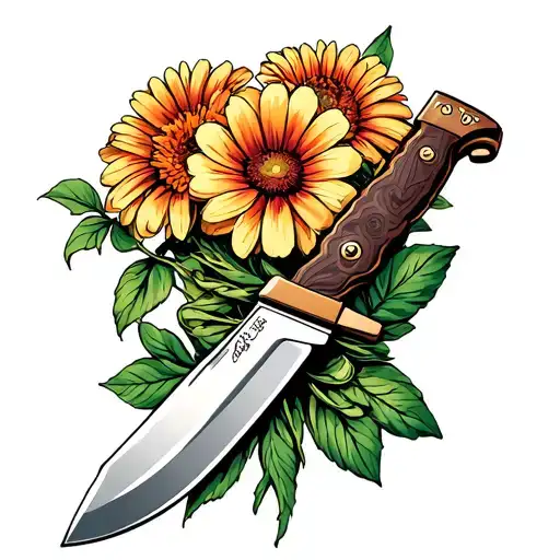 Johnny jump up flowers wrapped around a Bowie Knife tattoo design idea