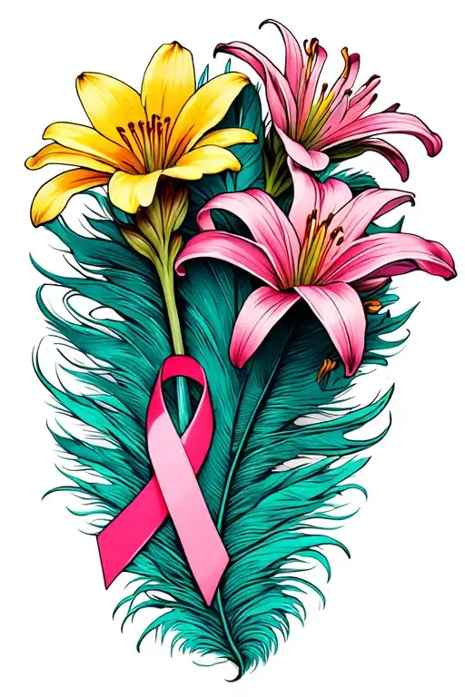 Yellow cactus flowers and pink lillies with pink cancer ribbon turning into a teal feather  tattoo design idea