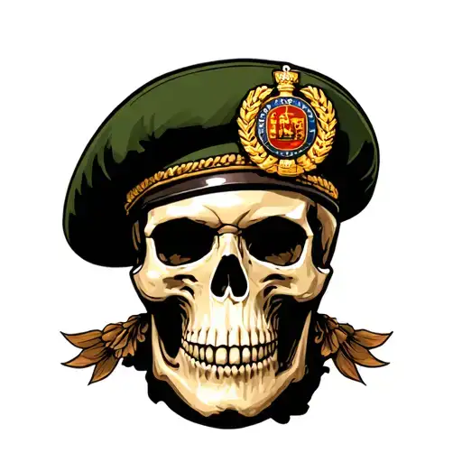 a royal marine commando green beret with the royal marine commandos crest on the beret pin worn by a skull tattoo design idea