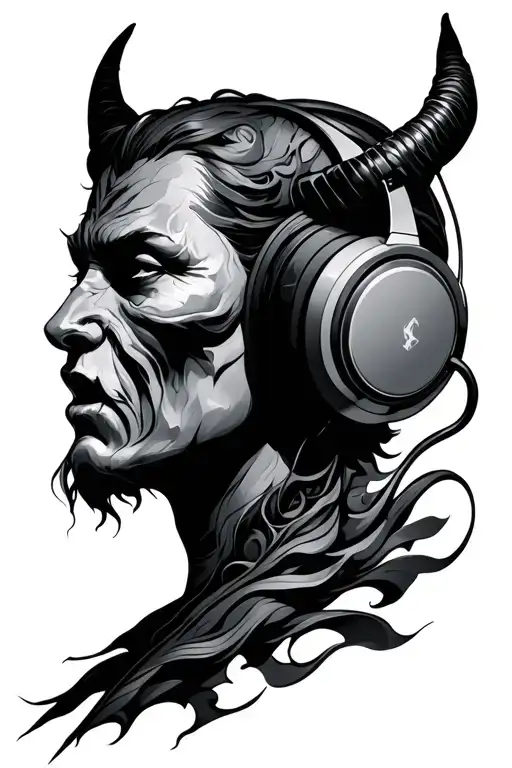 The devil whispers to the ear headphones tattoo design idea