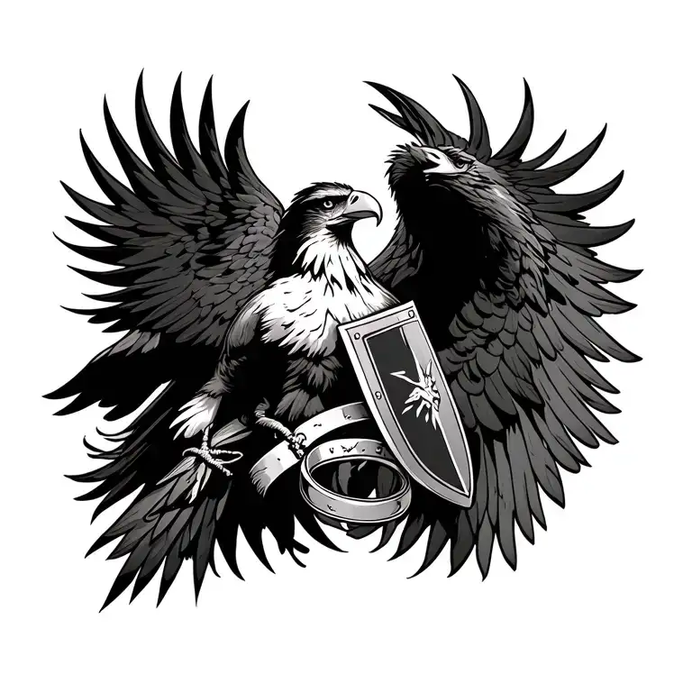 eagle soaring, warrior with shield, wedding rings. tattoo design idea