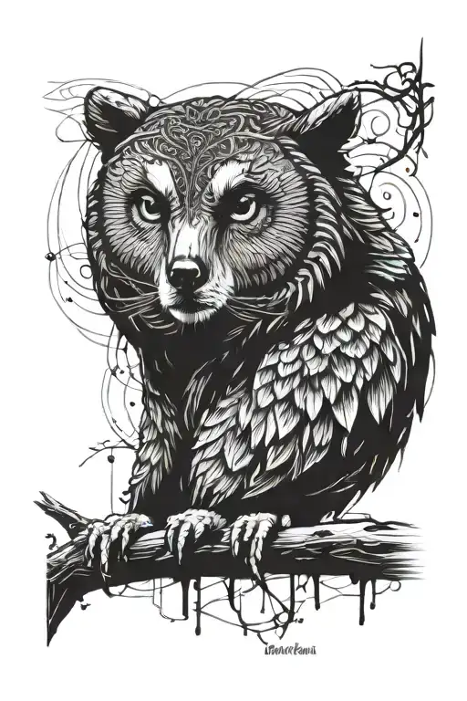 Realism, I want the bear to look like a owl profile tattoo design idea