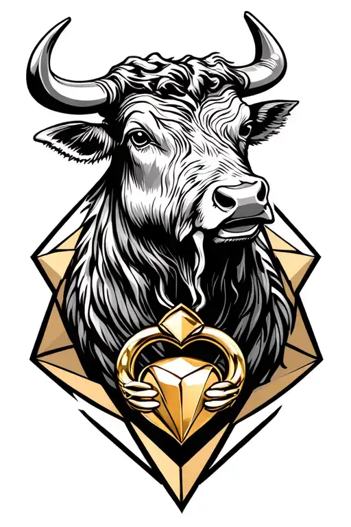 wild ox with irish claddagh ring on its nose ring tattoo design idea